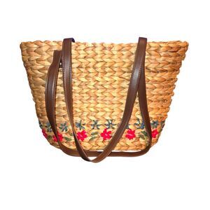 Natural Life Nantucket Large Flower Embroidered Straw Market Tote Bag 17"X12"X6"
